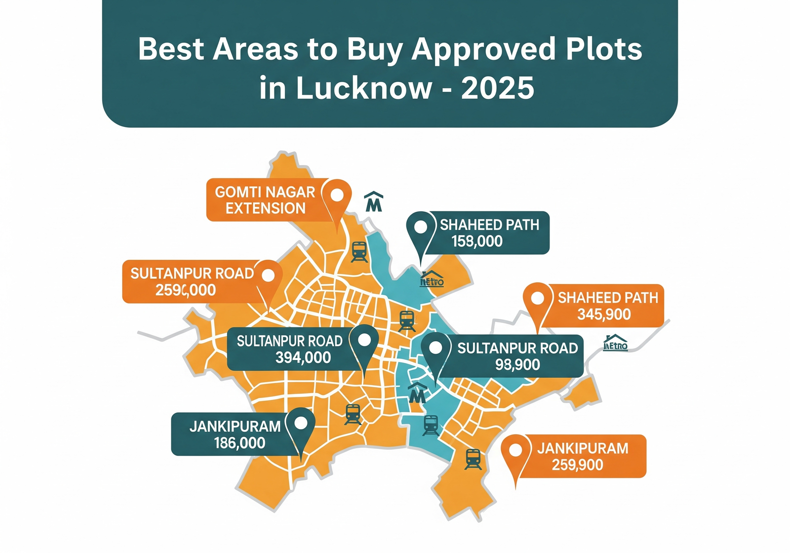 Map of Lucknow showing top localities for buying approved residential plots in 2025